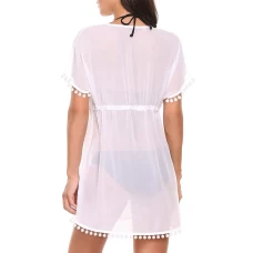 White Deep V Neck Pom Pom Cover Up Dress 